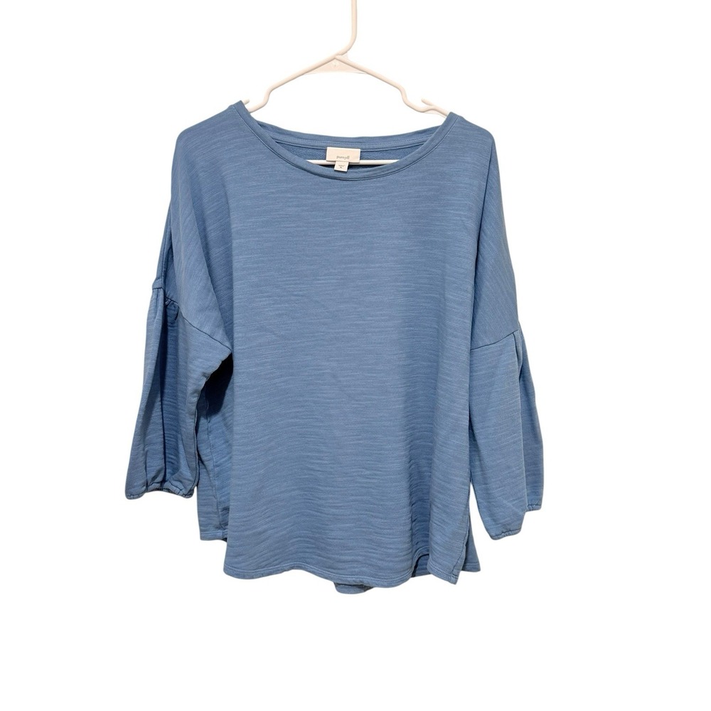 Pure Jill Top XL Blue French Terry 3/4 Balloon Sleeves Lagenlook Cottagecore
